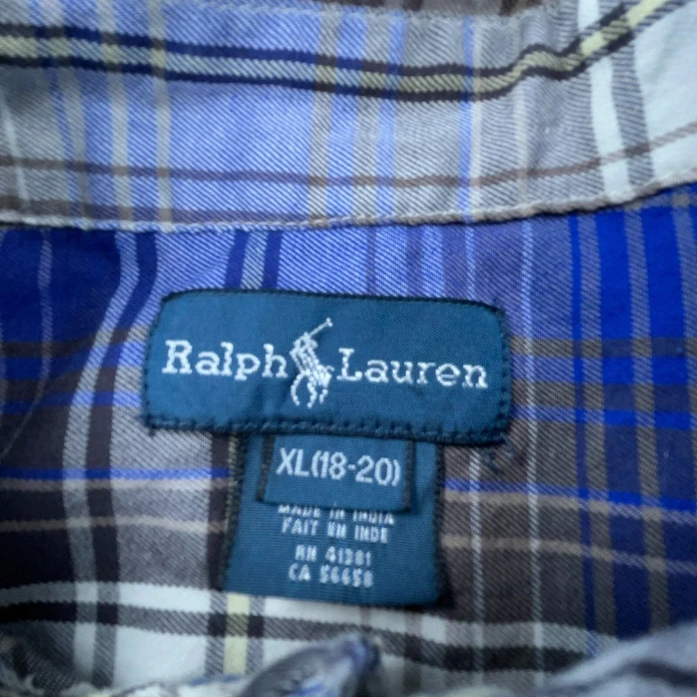 Ralph Lauren Shirt Boys XL Blue Button Up Tartan Plaid Dress Youth Kids Multi *